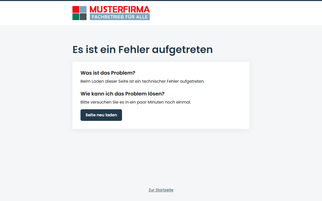 Fehlerbildschirm bei einem Serverfehler: Logo, Überschrift „Es ist ein Fehler aufgetreten“, kurzer Hinweis und Button „Seite neu laden“